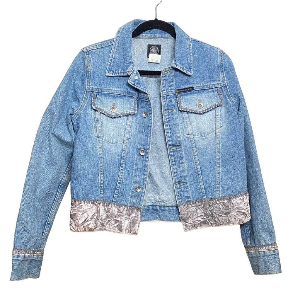 Vintage 90s DKNY Denim Jeans Jacket w/ Silver Pink Velvet Trim Medium - Picture 11 of 16